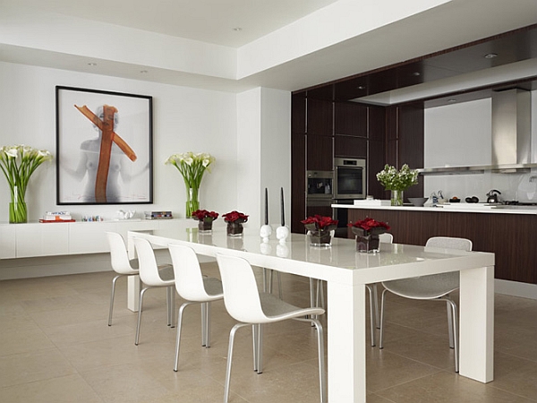 Modern Contemporary Dining Room Ideas: Light Wood Flooring, Lights, Live Plants